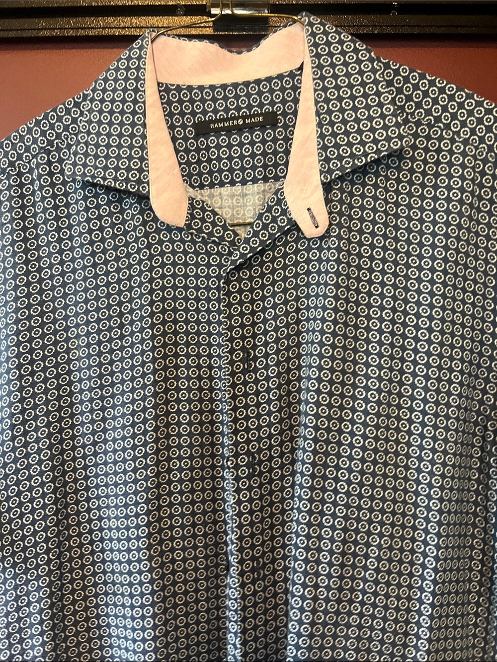 Hammer Made Navy Geometric Button-Down Shirt with Pink Contrast Collar